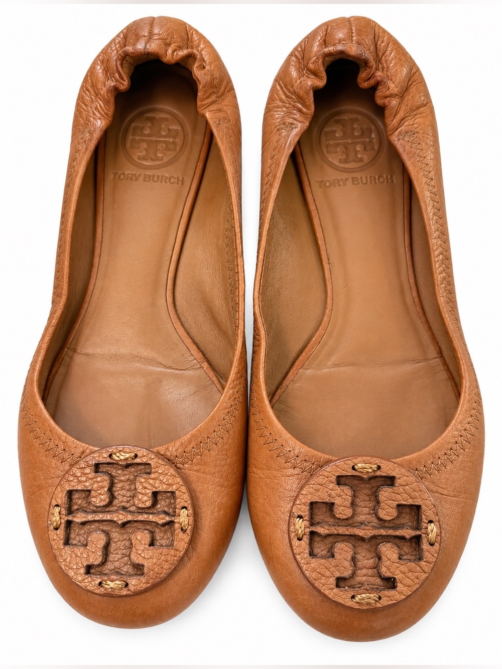 Tory Burch Brown Tan Leather Ballet Flats Double T Logo Women’s Size 6.5M